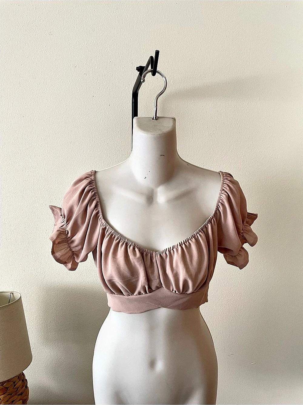 SHEIN Pink Puff Sleeve Ruffle Square Neck Tie Back Cutout Crop Blouse Crop